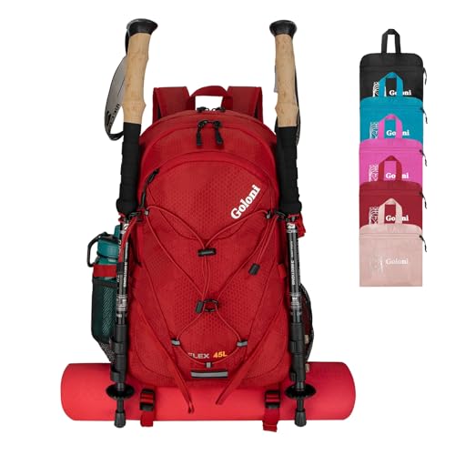 Goloni 45L Hiking Backpack Lightweight Foldable, Waterproof Camping Backpack with Rain Cover & Hiking Pole Mat Carrying System, Ergonomic Water Resistant Daypack for Trekking Travel Men Women Red - color: Red