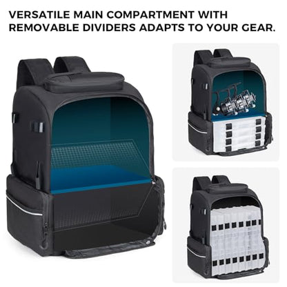 WANOON 45L Fishing Backpack | Waterproof, Insulated Bait Pocket, 4 Rod Holders, Easy-to-Clean Cooler Liner - color: Black, size: 45L-Without Tackle Boxes