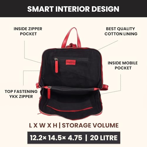 12.5 Inch Genuine Leather Backpack for Women and Men, Red Leather Backpack with Adjustable Shoulder Strap - color: Red