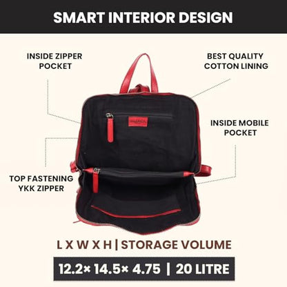 12.5 Inch Genuine Leather Backpack for Women and Men, Red Leather Backpack with Adjustable Shoulder Strap - color: Red