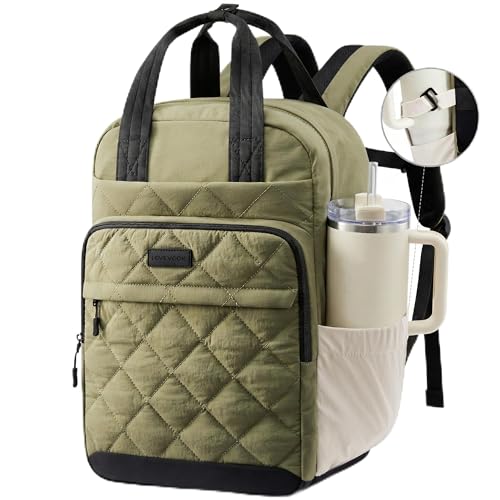 LOVEVOOK Puffer Backpack for Women Fits 15.6 Inch Laptop, Quilted Travel Backpacks Purse with Large Cup Holder, Teacher Computer Work Bags College Shool Bookbag, Puffy Carry On Personal Item Bag - color: Black/Green/White, size: 15.6 inch
