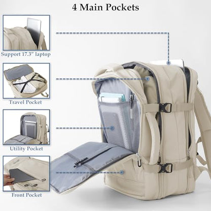 Travel Backpack, Expandable Large Capacity Business Work, Water Repellent Carry On Daypack with USB Charging Port, Fit 17 Inch Laptop, Bag for Men and Women, Beige - color: Beige