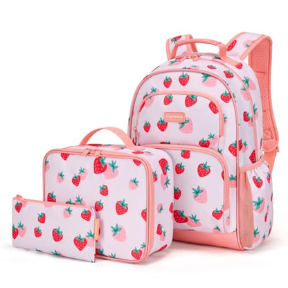 mommore Kids Backpack for Boys Girls 4-8 Kindergarten Elementary School Backpack with Lunch Box - 15” H Fit Folder - color: Pink Strawberry, style: 3 Pcs