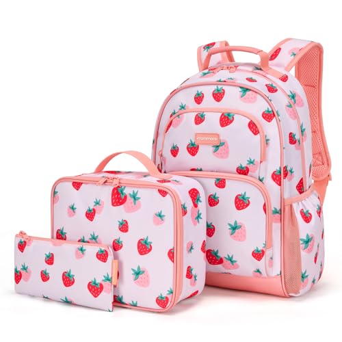 mommore Kids Backpack for Boys Girls 4-8 Kindergarten Elementary School Backpack with Lunch Box - 15” H Fit Folder - color: Pink Strawberry, style: 3 Pcs