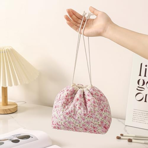 Cotton Quilted Drawstring Makeup Bag with Canvas Lining,Coquette Aesthetic Cute Travel Toiletry Bag,Drawstring Gift Bag for Women and Girls（17Small Pink） - color: 17Small Pink