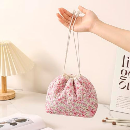 Cotton Quilted Drawstring Makeup Bag with Canvas Lining,Coquette Aesthetic Cute Travel Toiletry Bag,Drawstring Gift Bag for Women and Girls（17Small Pink） - color: 17Small Pink