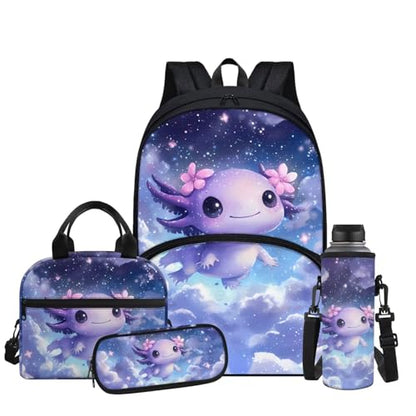 Galaxy Axolotl Backpack for Girls Kids Backpack with Lunch Box Water Bottle Holder and Big Pencil Case 4Pcs Set 17" Bookbag with Large Front Pocket for School Lightweight Elementary School Bag - color: Galaxy Axolotl