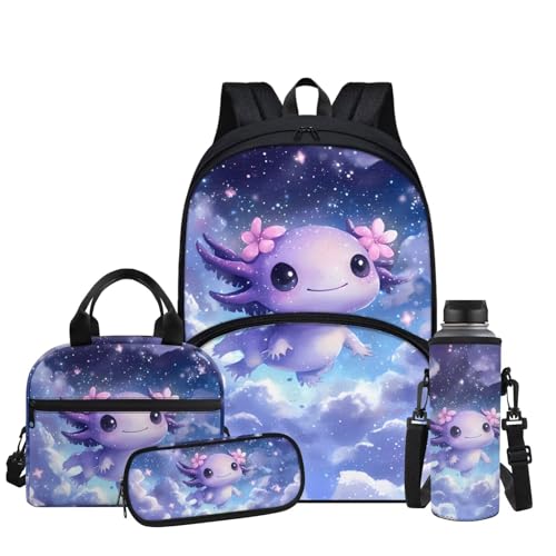 Galaxy Axolotl Backpack for Girls Kids Backpack with Lunch Box Water Bottle Holder and Big Pencil Case 4Pcs Set 17" Bookbag with Large Front Pocket for School Lightweight Elementary School Bag - color: Galaxy Axolotl