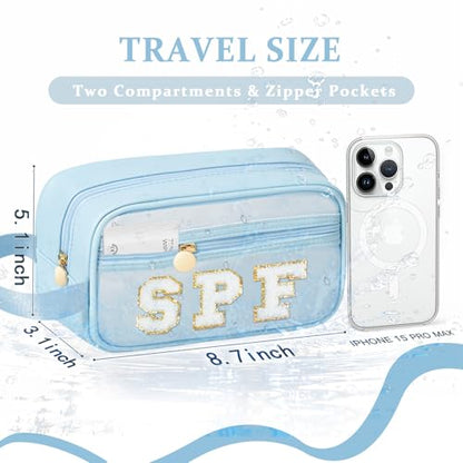 COSHAYSOO Clear Sunscreen Bag Makeup Toiletries Pouch Beach Vacation Essentials Summer Travel Stuff Accessories Personalized Graduation Gifts for Her Women College Teen Girls Teacher Nurse Blue SPF - color: Blue-SPF