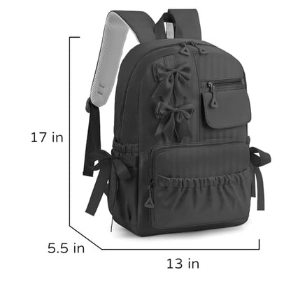 Girls High Middle School Backpack with Bows for Kids Kawaii Coquette Bookbag 5-12 - color: Black, size: Large (17"h)