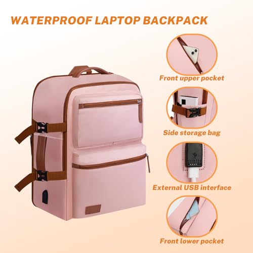 Expandable Travel Backpack Women Men with USB Charging Port, 15.6 Inch Laptop Backpack Waterproof Carry on Flight Approved for Travel Work Hiking College, Pink - color: Pink