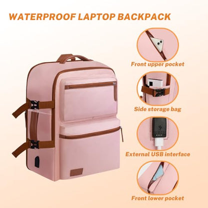 Expandable Travel Backpack Women Men with USB Charging Port, 15.6 Inch Laptop Backpack Waterproof Carry on Flight Approved for Travel Work Hiking College, Pink - color: Pink