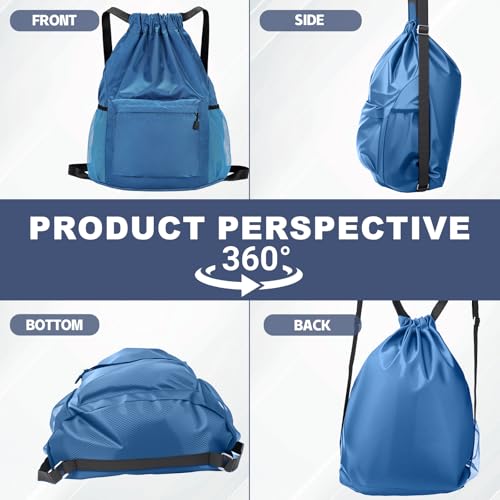 Tygelluis Drawstring Backpack, Waterproof Gym Bag with Water Bottle Pocket for Women Men, Pull String Sport Bag for Swim, Soccer and Basketball,Blue - color: Blue1