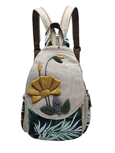 Small Canvas Backpack, Retro Boho Washed Hippie for Women Daily Commute (Flowers Decorations) - color: Flowers