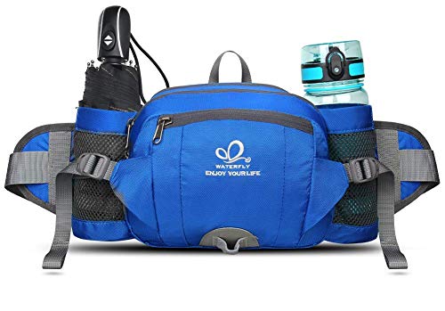 WATERFLY Fanny Pack Waist Bag: Fannie Pack 2 Water Bottle Holders Lumbar Belt Hiking Walking Running Jogging Camping Large Woman Man (Bottle Not Included) - color: Blue