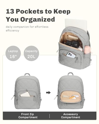 Hynes Eagle Travel Laptop Backpack Quilted College Backpack for Women Puffer Casual Daypack Personal Item Bag for 16 Inch Light Grey - color: Light Grey