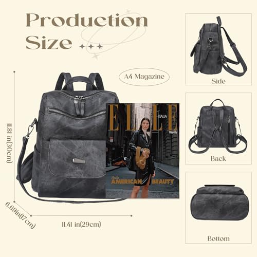 Backpack Purse for Women, Women Backpack Purse Small Leather Waterproof Anti-theft Shoulder Bags Handbags Ladies - color: Black Grey