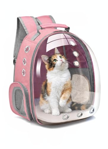 Bubble Backpack Pet Carrier for Cats & Small Dogs up to 17 lbs – Ventilated Clear Capsule Backpack with Mesh Panels, Lightweight Travel Backpack for Walking, Hiking & Airline Carry-On (Pink) - color: Pink