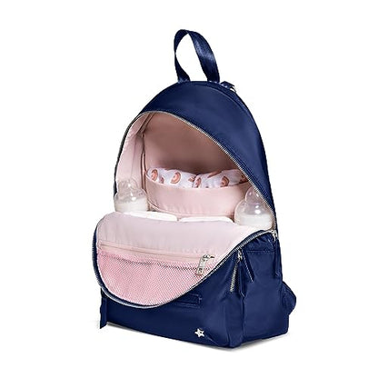 JuJuBe Diaper Bag Backpack with Changing Pad, 11-Pocket Large Capacity Organizer, 2 Interior Insulated Bottle Pockets, Wipe Pocket, Stroller Straps, Trolley Sleeve, Machine Washable (Navy) - color: Navy