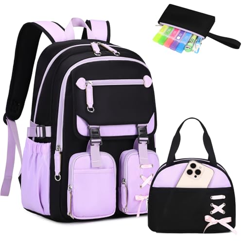 MOONBABY Girls Backpack with Lunch Box & Pencil Case for Kids Teens Bookbag for Elementary Primary Middle High School Daypack - color: Purple-3pcs