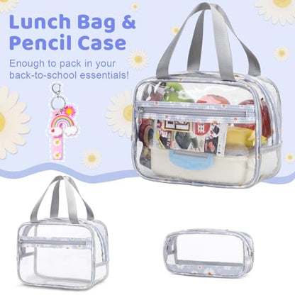 ACESAK Clear Backpack for Girls - 3 Pcs Clear Backpack Heavy Duty with Lunch Bag - See Through Bookbag Stadium Approved for Kids Middle High College School Sport Travel (Gray Daisy) - color: Gray Daisy