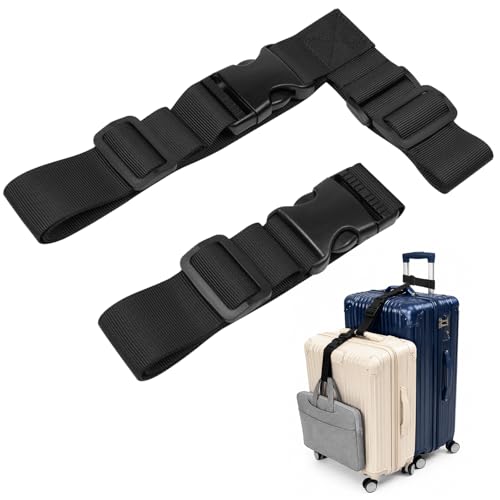YEWANG 2 Pack Luggage Straps for Suitcases, Adjustable Luggage Straps with Buckle Belt to Connect 3 Suitcases, T-Type and Normal Luggage Connector Straps for Family Outings Urban Commuting(Black)