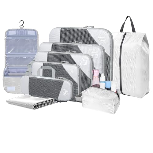 9-Set Packing Cubes with Hanging Bag | 9-Size Combination, Mesh Fabric & Reflective Stripe | Travel Luggage Organizers (Beige) - color: Beige