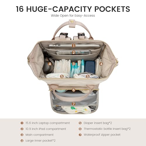 LOVEVOOK Diaper Bag Backpack, Baby Bag with Changing Station, Large Diaper Backpack for Moms Dads, Waterproof Leather Accents Baby Boy and Girl Bag for Travel Baby Essentials - color: Khaki-beige