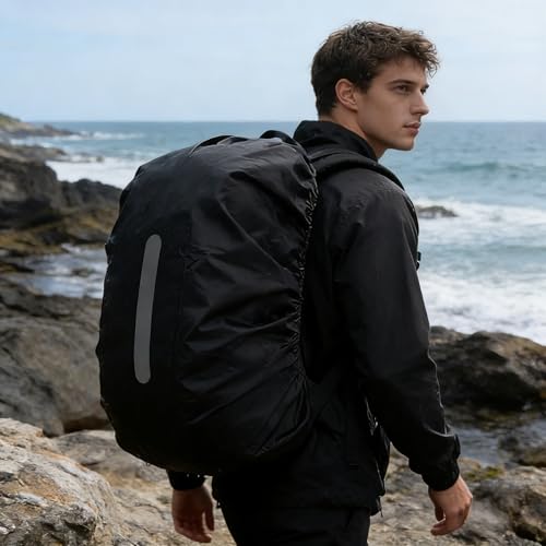 Waterproof Rain Cover for Backpack, Backpack Rain Cover with Reflective Strip,Rucksack for Bicycling/Hiking, Dustproof Protector for Outdoor Night Travel, (Black, Fits 30-40L Bags)