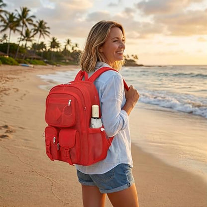 Mesh Backpack for Girls Boys, Women Mesh Bookbags Heavy Duty Semi-Transparent School Bag Net Back Pack for Travel, Beach, Swimming, Work - Red - color: Red
