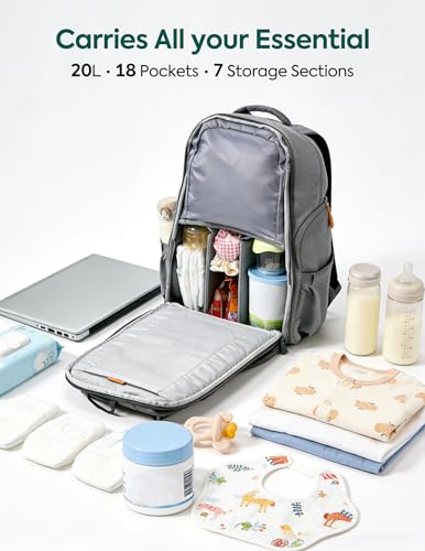 Babelio Grid Wizard Diaper Bag Backpack - Multi Function Waterproof Diaper Bag, Travel Essentials Baby Bag with Insulated Bottle Holders, Baby Shower Gifts, Grey - color: Grey, size: Regular - 20L