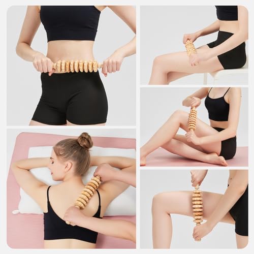 Wooden Cellulite Massage Roller for Legs and Thighs - Handheld Fascia Blaster Tool for Muscle Relief, Lymphatic Drainage & Body Sculpting - Anti Cellulite Massager for Women and Men (9 Wheel) - color: Wooden Straight