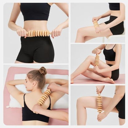 Wooden Cellulite Massage Roller for Legs and Thighs - Handheld Fascia Blaster Tool for Muscle Relief, Lymphatic Drainage & Body Sculpting - Anti Cellulite Massager for Women and Men (9 Wheel) - color: Wooden Straight