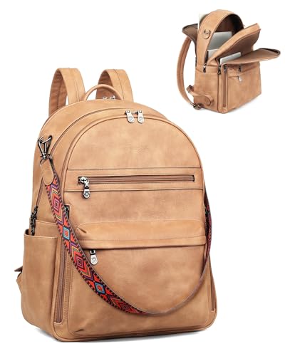 FADEON 15.6 Inch Laptop Backpack Purse for Women, Large Capacity | Vegan Leather Backpack with Padded Straps, Laptop & iPad Slots Fits 13", 14" & 15.6". Roomy for Daily, Work & Travel - color: Camel Brown Retro Style