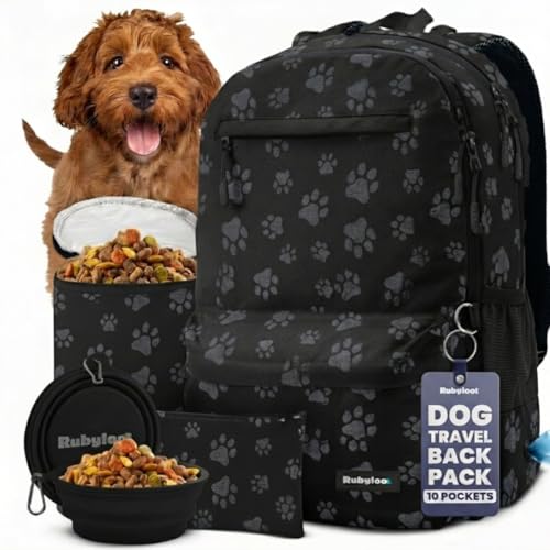Dog Travel Bag for Supplies - Complete Dog Diaper Bag Backpack with 2 BPA-Free Travel Bowls, Treat Pouch, Food Container, Placemat & Laptop Sleeve – for Traveling, Road Trips, Hiking: Black-Paw Print - color: Black/Grey Paw Print