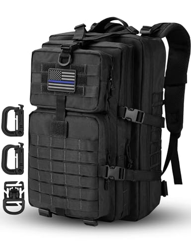 Hannibal Tactical MOLLE Assault Backpack, Tactical Backpack Military Army Camping Rucksack, 3-Day Pack Trip w/USA Flag Patch, D-Rings, Black - color: Black