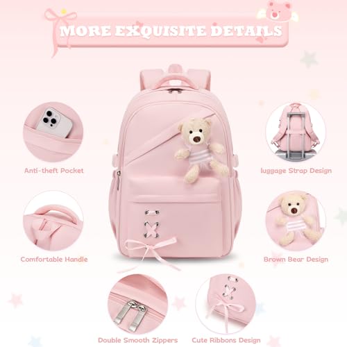 ACESAK School Backpack for Girls - 3 PCS Cute Girls Backpack with Lunch Box & Pencil Case - Kawaii Casual Kids Bookbag School Bag Daypacks Set for Elementary Middle High School Student Teens (Pink) - color: Pink