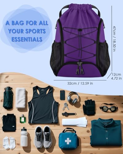 BROTOU Soccer Bags, Football Backpack, Volleyball Bag, Drawstring Soccer Backpack with Ball and Shoe Compartment - color: Purple