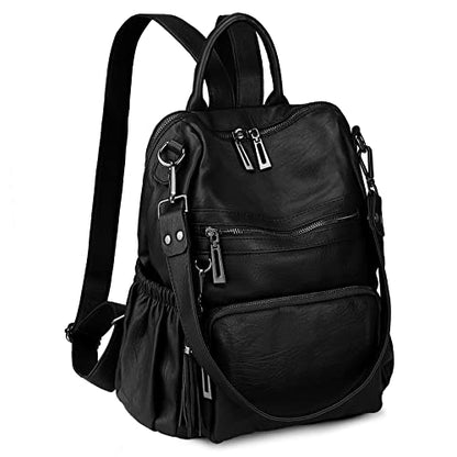 Uromee Travel Backpack Purse for Women Vegan Leather Ladies Fashion Tassel Shoulder Bag Convertible - color: 0243 Black
