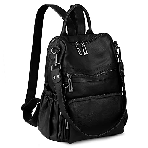 Uromee Travel Backpack Purse for Women Vegan Leather Ladies Fashion Tassel Shoulder Bag Convertible - color: 0243 Black