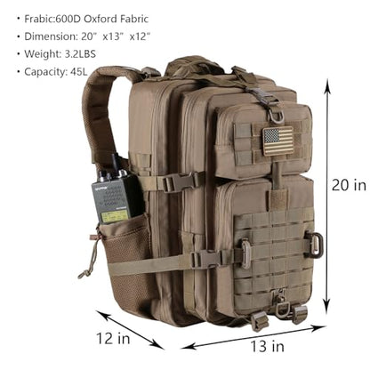 Hannibal Tactical 45L MOLLE Assault Backpack, Tactical Backpack Military Army Camping Rucksack with Bottle Holder, 3-Day Pack Trip w/USA Flag Patch, D-Rings, Khaki - color: Khaki, size: 45L