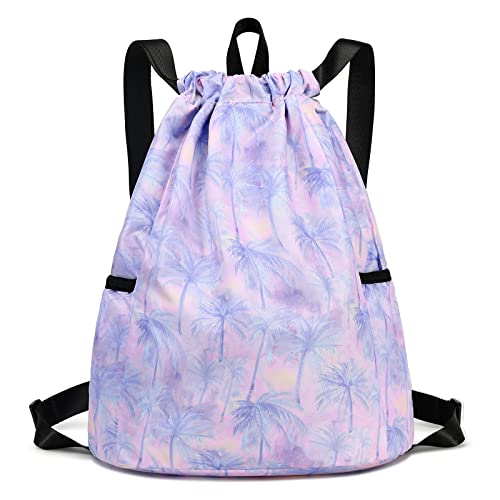 Gym Bag for Girls, Drawstring Sports Bag Lgihtweight Large Travel Coconut Tree Purple Clinch bag - color: Coconut Tree Pink
