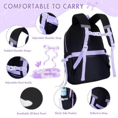 Kids Backpack for Girls - 3PCS Cute Embroidered Bow Girls Backpack with Insulated Lunch Bag & Pencil Case - Bookbag for Teen Women Middle High School College Work Travel Daypack - color: Black Purple