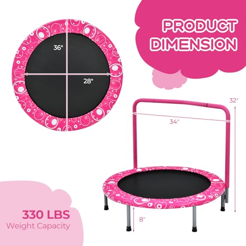 KOTEK 36 Inch Toddler Trampoline, Foldable Mini Recreational Trampoline with Handle & Safety Padded Cover, ASTM Approved Small Baby Trampoline, Indoor Trampoline for Kids, Max Load 330 Lbs - color: Pink