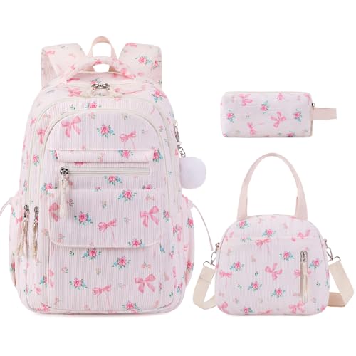 Bevalsa Backpack for Girls, 3PCS Corduroy Kids Backpack Set with Lunch Box & Pencil Pouch, Bookbag Daypack Laptop Bag for Women Teens Elementary Middle High School - color: Bow Flower