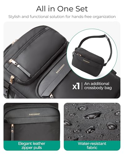 BAGSMART Womens Backpack Carry On Flight Approved, Travel Backpack for Women with Waist Bag, Traveling Lightweight Weekender Casual Daypack 17.3" Laptop Work Back pack Personal Item Travel Bag, Black - color: Black