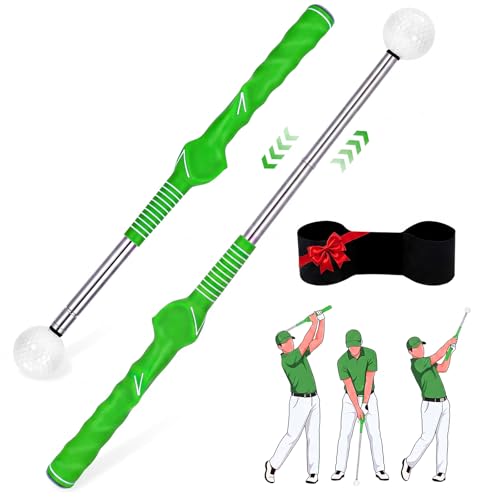5-in-1 Golf Swing Trainer for Right-Handed Golfers with Click Feedback, Retractable Training Aid, Grip Trainer & Arm Band, Improve Tempo & Swing Path, Indoor Outdoor Practice - color: Green