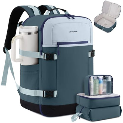 LOVEVOOK 40L Travel Backpack for Women & Men, Airline Approved Carry On Backpack with 3 Packing Cubes, TSA Personal Item Bag, Waterproof Weekender Overnight Backpack Fits 17" Laptop - color: Light Blue - Lake Blue - Black, size: Large-40L-4Pcs