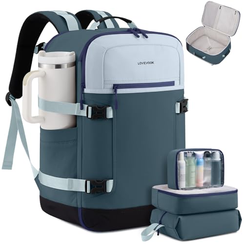 LOVEVOOK 40L Travel Backpack for Women & Men, Airline Approved Carry On Backpack with 3 Packing Cubes, TSA Personal Item Bag, Waterproof Weekender Overnight Backpack Fits 17" Laptop - color: Light Blue - Lake Blue - Black, size: Large-40L-4Pcs