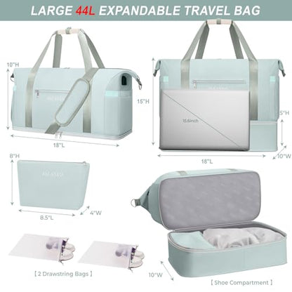 Weekender Bags for Women,Extra large 44L Expandable Travel Duffel Bag with Shoe Compartment,Toiletry Bag,Overnight Bag with Waterproof Pocket,Carry On Backpack for Gym,Hospital,Beach - color: Green